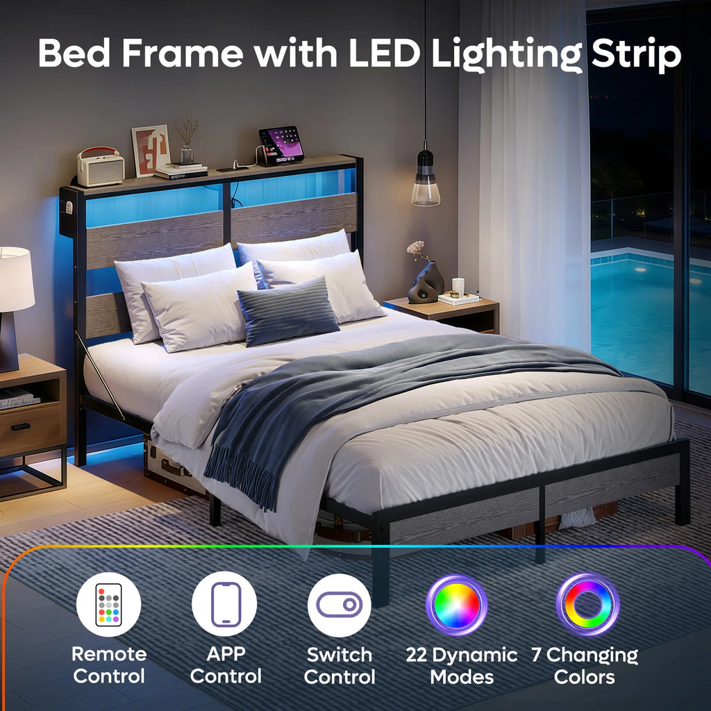 NOST&HOST Queen Bed Frame with Headboard and Charging Station,Non-Slip Queen Bed Frame with LED Light, Noise-Free, Easy Assembly, Grey