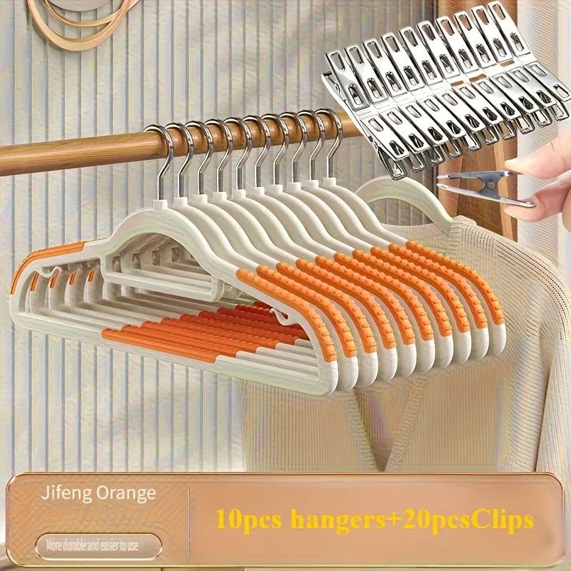 30pcs（10 hangers+20 clips） Anti Slip Hangers Set - Heavy Duty Velvet Clothing Hangers for Wardrobe, Multiple Colors