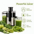 Centrifugal Juicer, 3 Inch Wide Chute 97% High Yield Juicer Machine 3 Inch LARGE FEED CHUTE: Supports Whole Fruit and Vegetable Direct Feeding Without Pre-Cutting, Cuts down Your Preparation Time Significantly. 97% HIGH JUICE