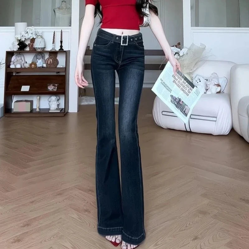 Women's Flared Jeans Solid Color Cowboy Pants for Woman Gyaru Teenagers Clothing Unique Flare Trousers Korean Fashion Stylish R