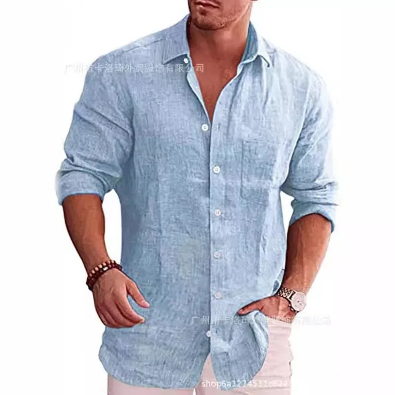 Men's Loose Solid Color Shirt Linen Lapel Long Sleeve Casual
