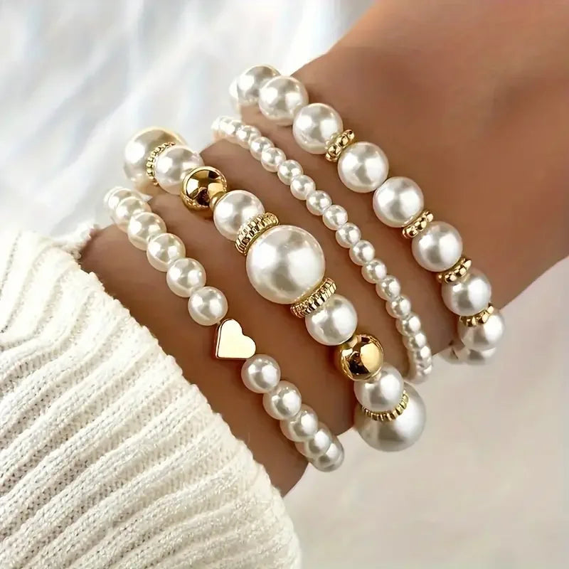 4pcs White Pearl Beaded Bracelets Set  for Women Fashion Chic Gold Color Design Hand Chain Bracelet Vintage French Jewelry Gifts