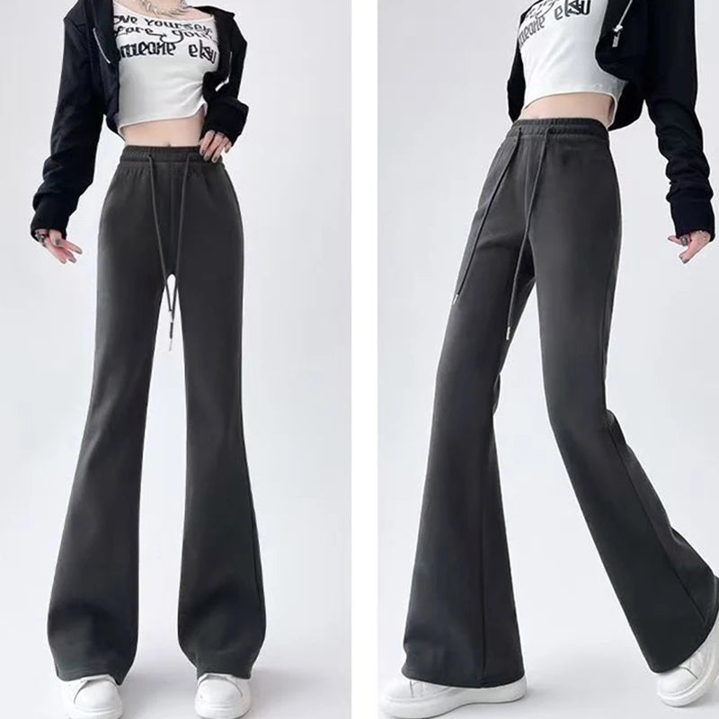 Micro Flared Pants Casual Dark Gray Sports High Waisted Drawstring Elastic Long Pants Solid Simple For Women Clothes Fashion New