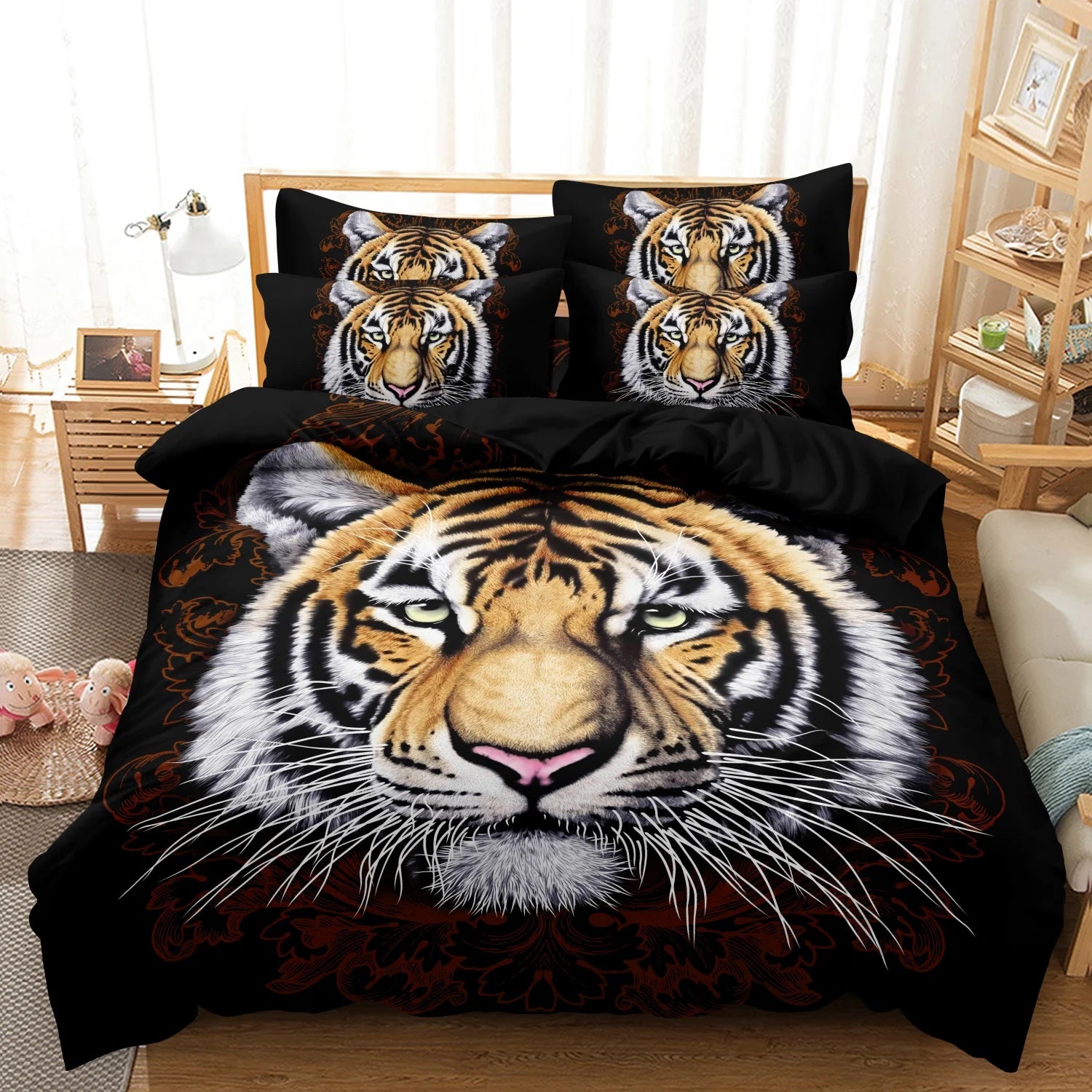 3pcs Black Tiger Face Duvet Cover Set,Wild Animal Bedding,Suitable For Family Bedrooms, Hotels, And Dormitories