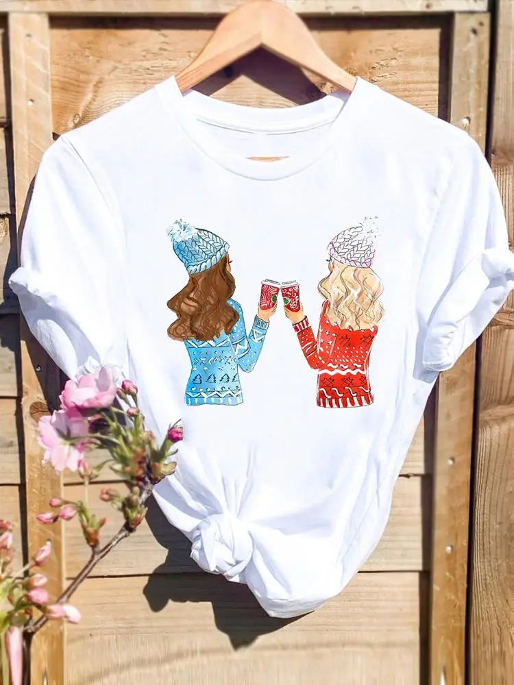 Merry Christmas New Year Holiday Graphic T Tee Fashion Cat Tree Lovely 90s Cute Harajuku Kawaii T-shirt Women's Y2K Clothing