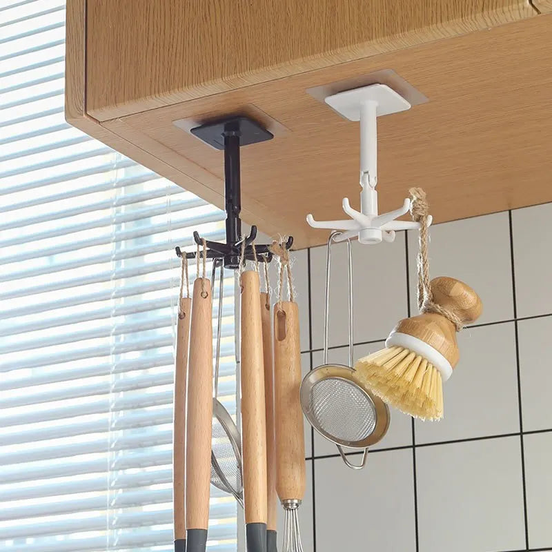 1pc Black Kitchen Rotating Punch-free Wall-mounted Shelf 6 Rotating Hooks Pot Shovel Chopping Nail-free Adhesive Hook Rack