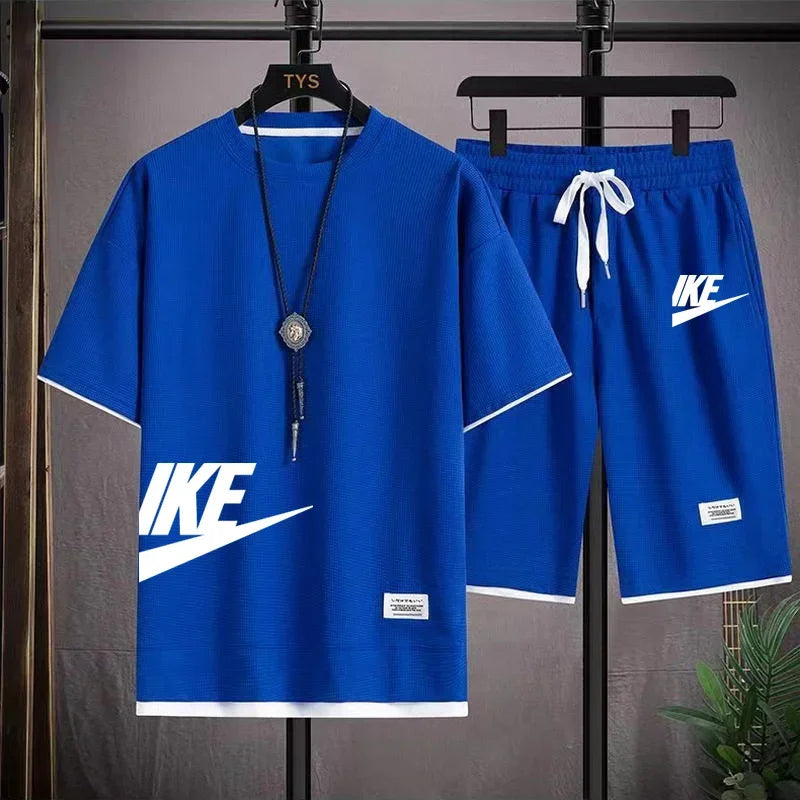 Summer fashion short-sleeved T-shirt + sports shorts set, men's casual jogging and fitness sportswear breathable two-piece set