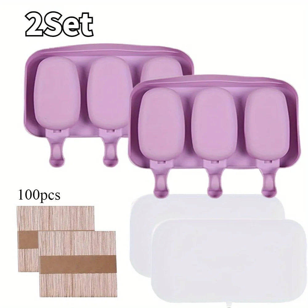 Silicone Ice Cream Mold Popsicle Siamese Molds with Lid DIY Reusable Ice Lolly Mold Cartoon Cute Image Handmade Easy Release