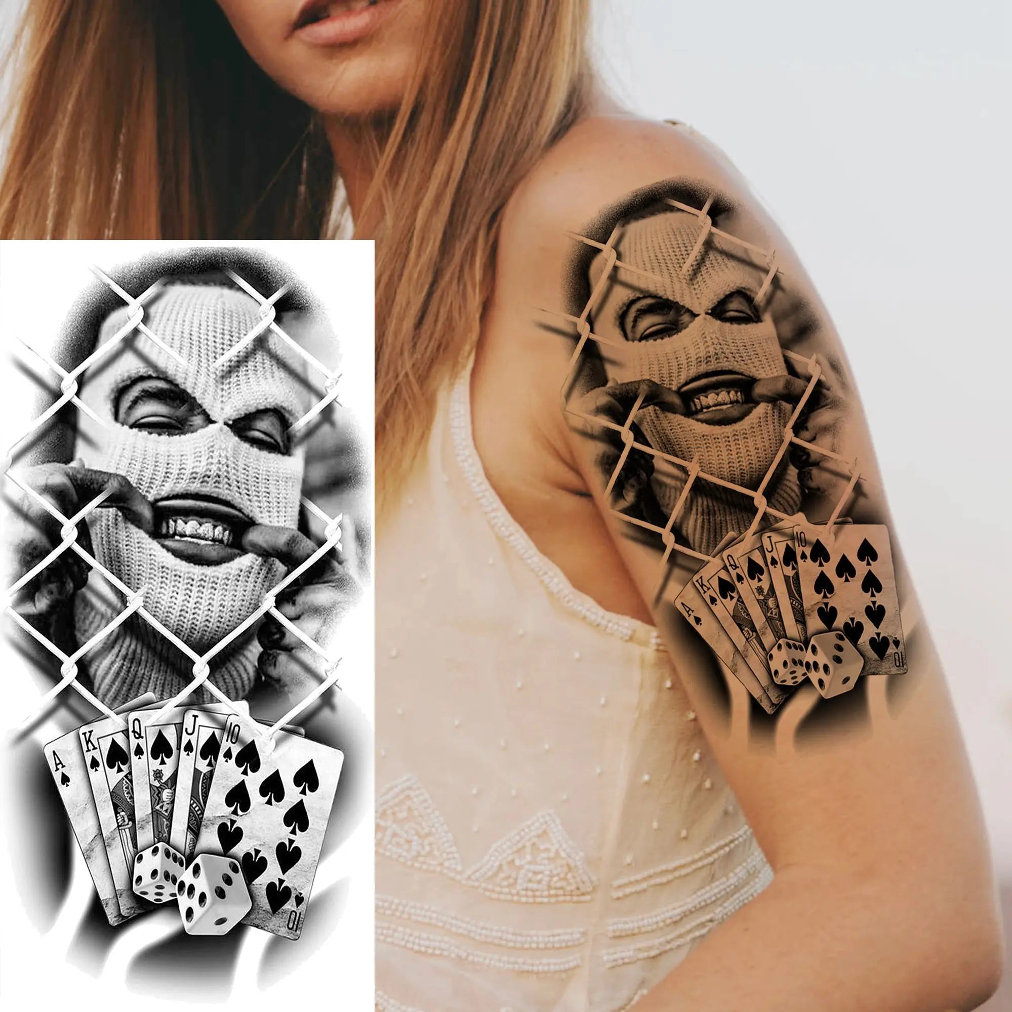 1 Sheet Bad Guy Robber Poker Temporary Tattoos For Men Women Gangster Joker Rebel Waterproof Realistic Fake Tattoo Arm Stickers