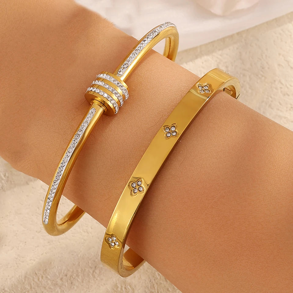 Yupsk 2Pcs/Set Sparkling Zircon Inlaid Stainless Steel Bracelet Waterproof Bangles Exquisite Valentine’s Day Jewelry Gift Women