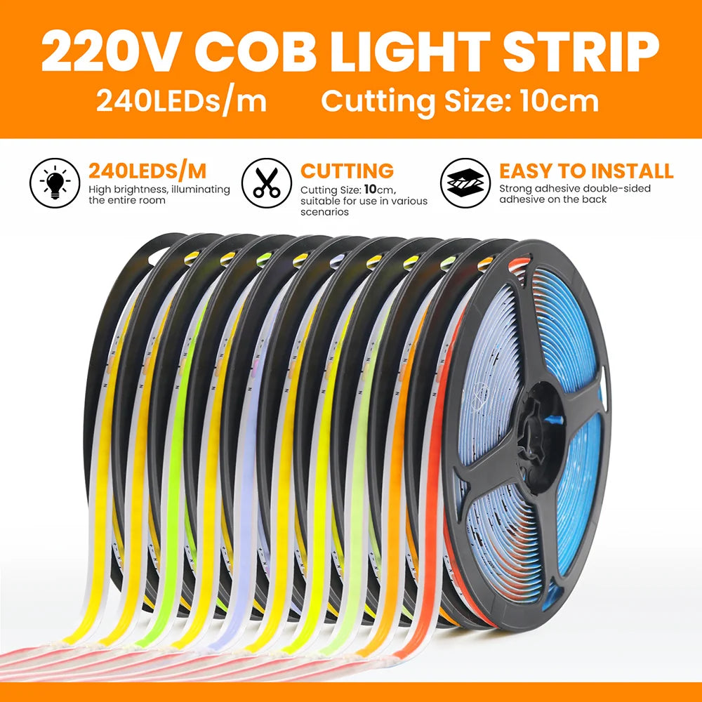Led Strip COB 220V High Brightness 5m 10m 20m 50m Flexible Light Tape with IC Rectifier 230V 240V AC 240LED/m Linear Lighting
