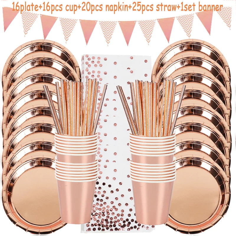 Rose Gold Disposable Tableware Diamond Pattern Paper Cups Plates Straws Table Decoration Wedding Birthday Party Supplies