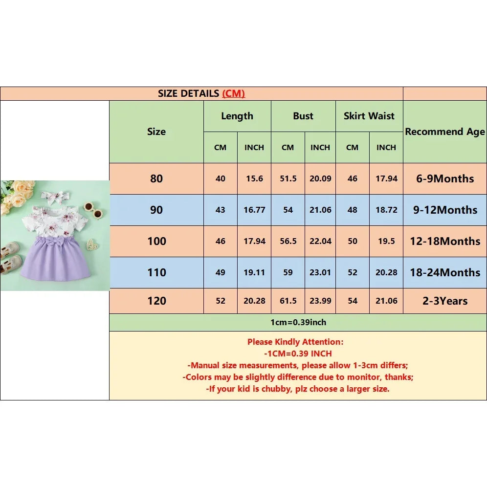 2PCS Baby Girl Floral Ruffle Short Sleeve Dress+Headwear Fashion Birthday Party Dress Summer Wear for Toddler Girl 0-3 Years