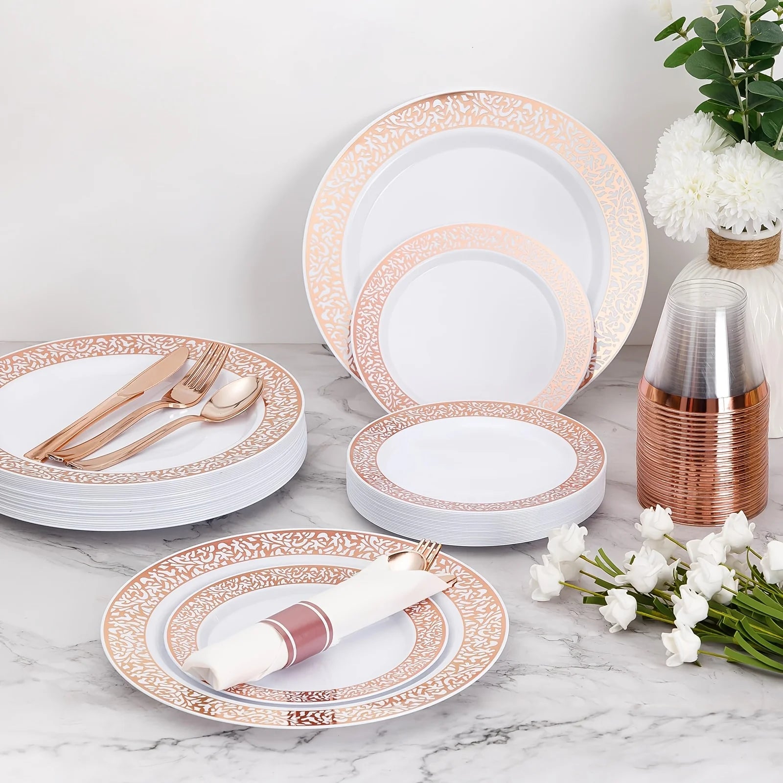 350pcs Rose Golden Plastic Dinnerware Set for 50 Guests, DISPOSABLE Lace Plates for Party, Include: 50 Rose Golden Party Plates, 50 Dessert Plates, 50 Pre Napkins with Silverware, 50 Cups