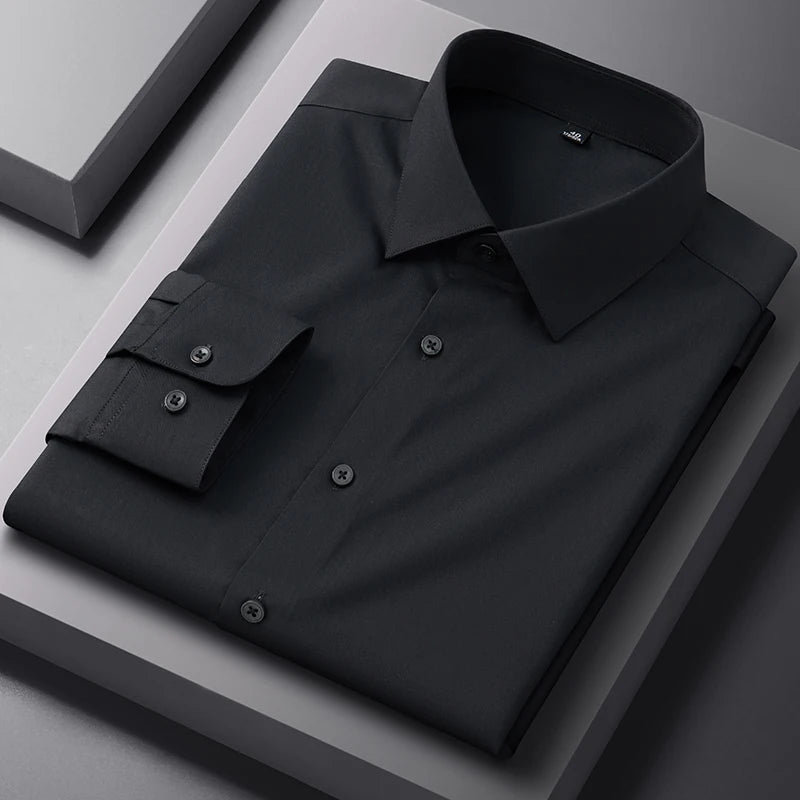 Spring Autumn Men Long Sleeve Shirts Business Casual Wrinkle Resistant Solid Color Formal Dress Slim Fit Work Social Shirt S-8XL