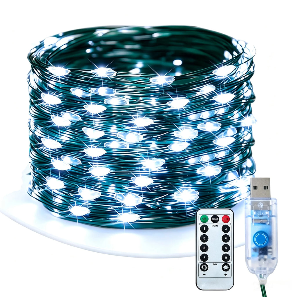 USB Powered LED Green Copper Wire String Lights 8 Modes Fairy Garland Light Holiday Decor Light for Christmas Tree Party Wedding