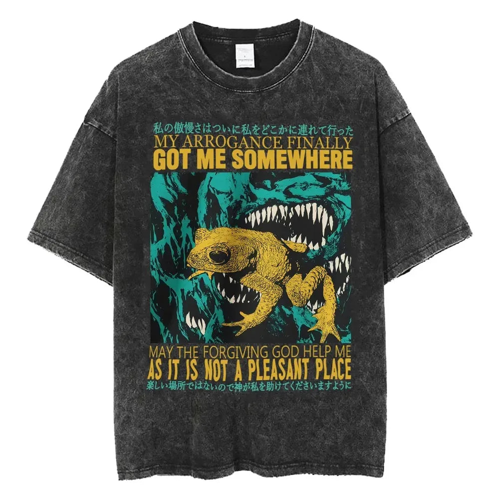 Funny Arrogance Frog Graphic T Shirt Men Washed Cotton Vintage Japanese Text Print Tee Harajuku Style Summer Top Streetwear