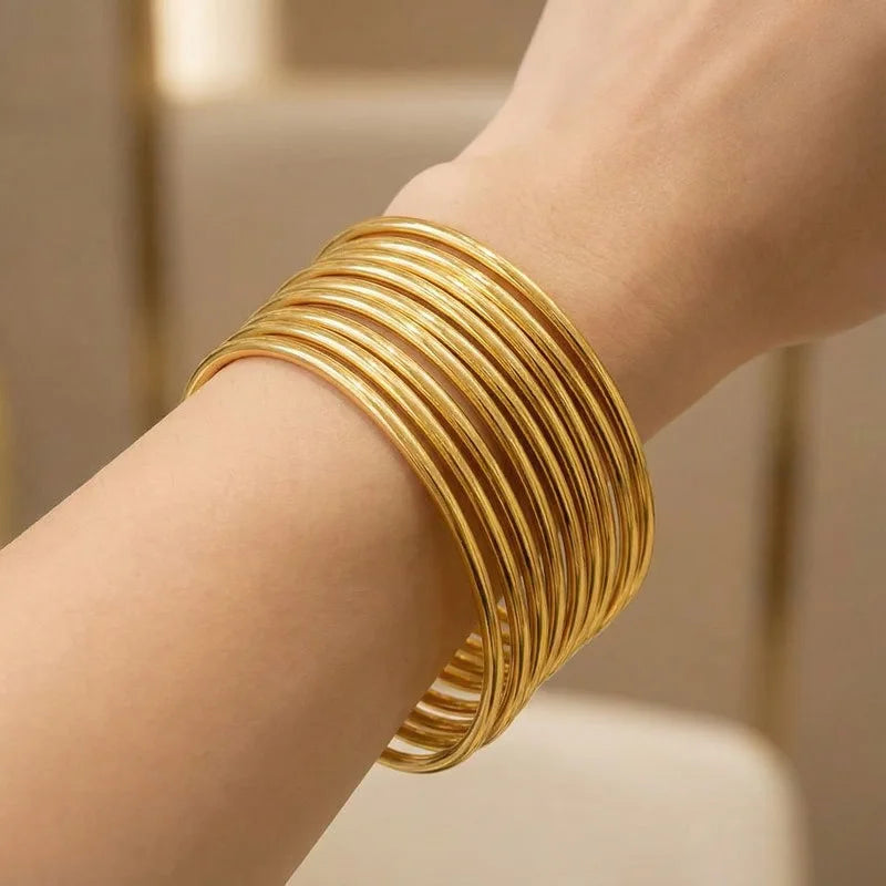 7pcs /set Lot Women Girls Bracelet Stainless Steel 3mm Thin Round Wire Plain Cuff Bangle Multi-color Joint layered 65mm KB63146