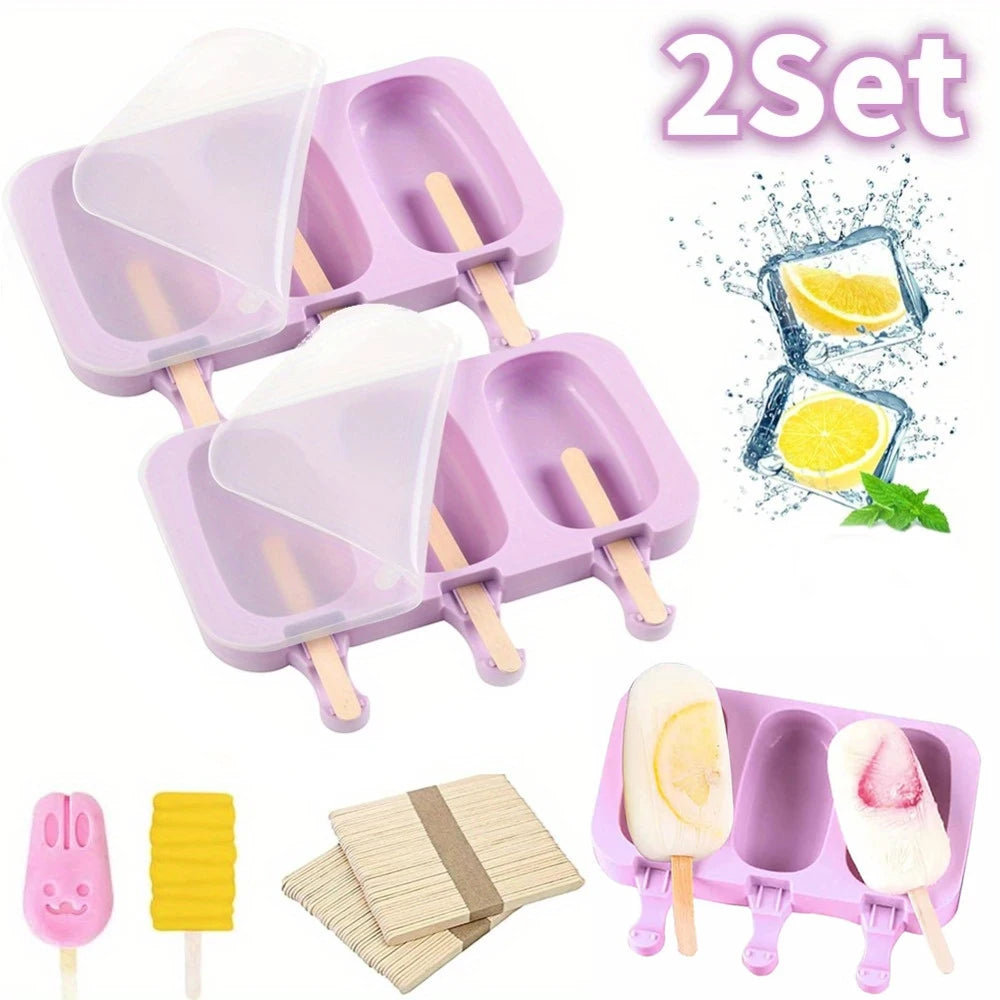 Silicone Ice Cream Mold Popsicle Siamese Molds with Lid DIY Reusable Ice Lolly Mold Cartoon Cute Image Handmade Easy Release