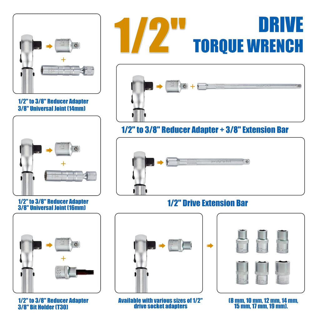 Waxtron 1/2'' Torque wrench 5-45ft.lb Bicycle Professional Torque Wrench Adjustable Set 14PCS For Bike Motorcycle Hand Tools