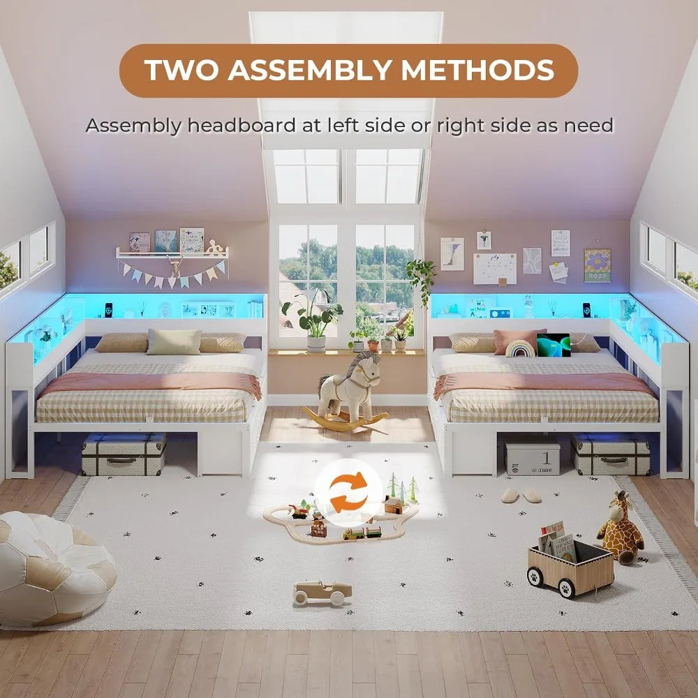 Corner Bed Frame Queen with Storage 6 Drawers, Daybed with Storage Bookcase | Daybed with LED Lights and Charging Station