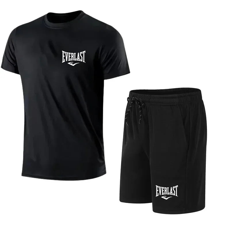 Men's T-shirt + Shorts 2-piece Set - Comfortable and Breathable Short-Sleeved Sporty Running Fitness Brand Printed Clothing