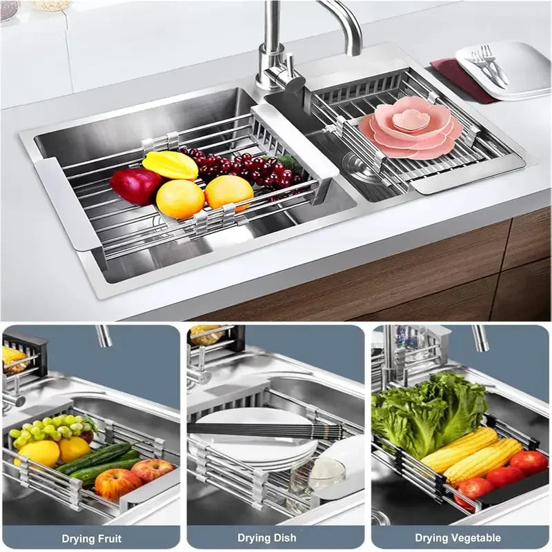 Expandable Stainless Steel Sink Drain Basket,Collapsible Kitchen Dish Drying Rack with Draining Filter Grid,Sink Organizer Tray