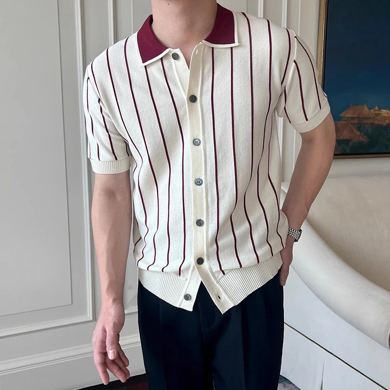 Casual Mens Knitting Shirts Vintage Contrast Color Striped Knit Cardigan Tops Men 2025 Summer Fashion Buttoned Lapel Slim Shirt