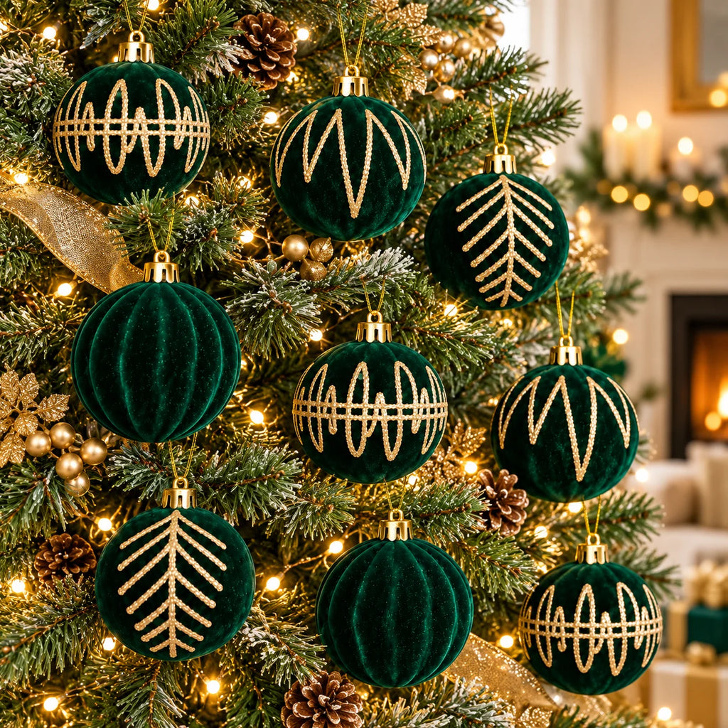 12 Pcs 6cm Emerald Velvet 4 Styles Gold Glitter Christmas Balls Shatterproof Xmas Tree Ornaments for Holiday Party Home Decor