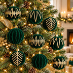 12 Pcs 6cm Emerald Velvet 4 Styles Gold Glitter Christmas Balls Shatterproof Xmas Tree Ornaments for Holiday Party Home Decor