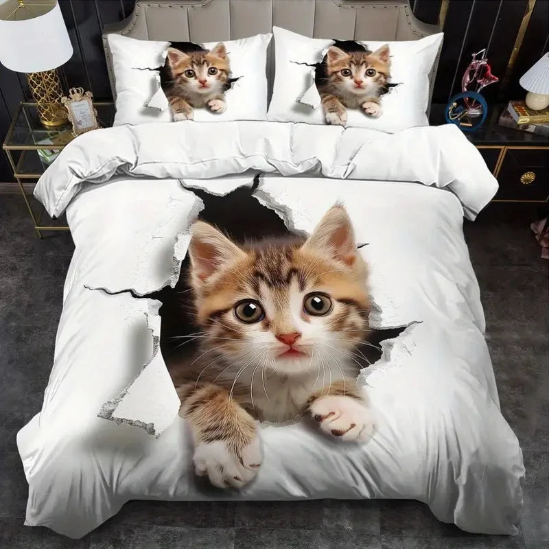 Cute Cat 3pcs Duvet Cover Set, 3D Digital Printed Duvet Cover, Soft Comfortable Breathable Bedding Set for Bedroom, Dorm