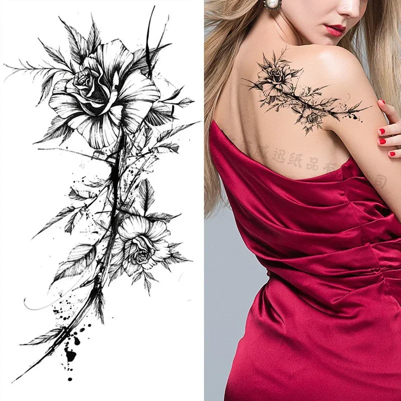 Women Sexy Temporary Tattoo Stickers Black Roses Pattern Full Flower Design Used for Arm Body Art Big Large Fake Tattoo Stickers