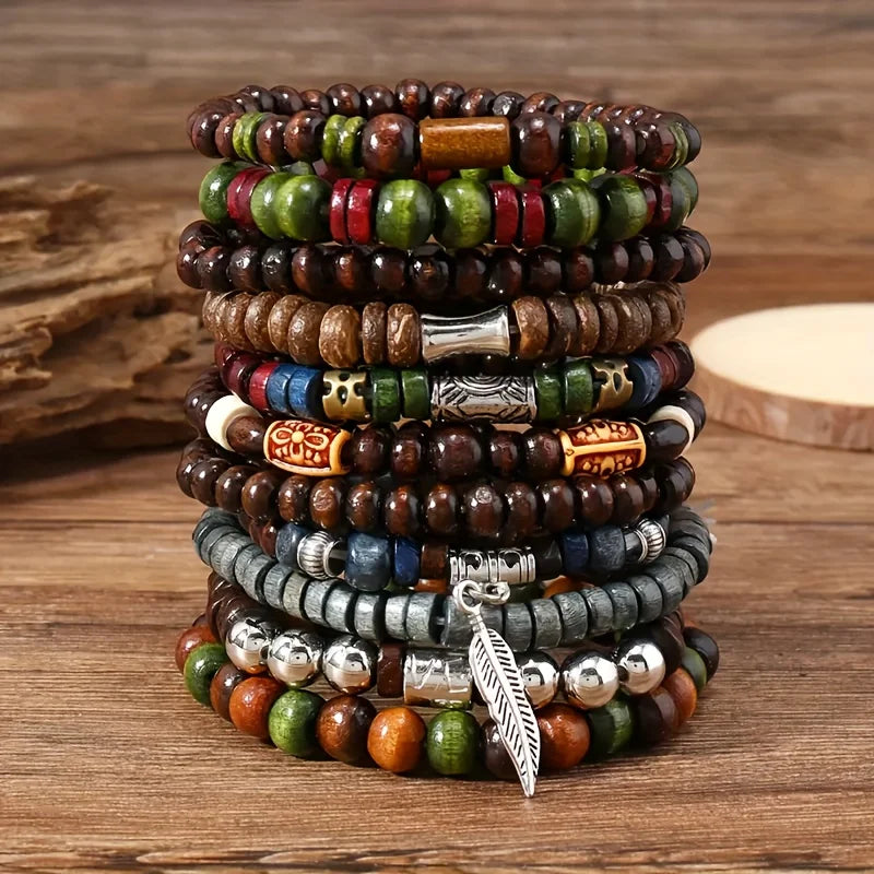 10pcs Vintage Bohemia Men's Bracelets - Fashion Stylish Leaves Wristwear Accessory for Durable Fashion Jewelry Gifts