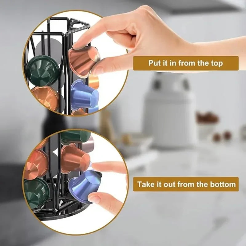 Nespresso Coffee Pods Holder Holds 60 Pods 360 Degree Rotatable Coffee Capsules Storage Rack Metal Tower Stand Home Kitchen Use