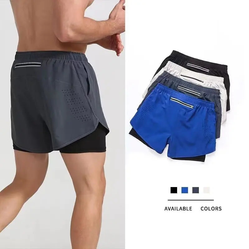 Professional men's running shorts, two-piece set, lightweight, quick-drying, breathable, reflective, sportswear for fitness, tra