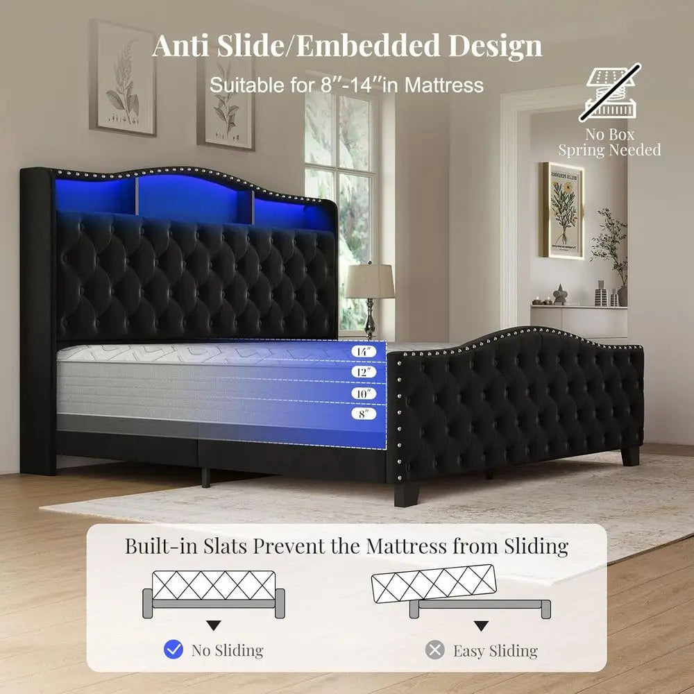 Belin King Size Bed e and board, 50.9" Velvet Upholstered Wingback Bede with LED Lights & Storage/Charging Station, Button Tuted