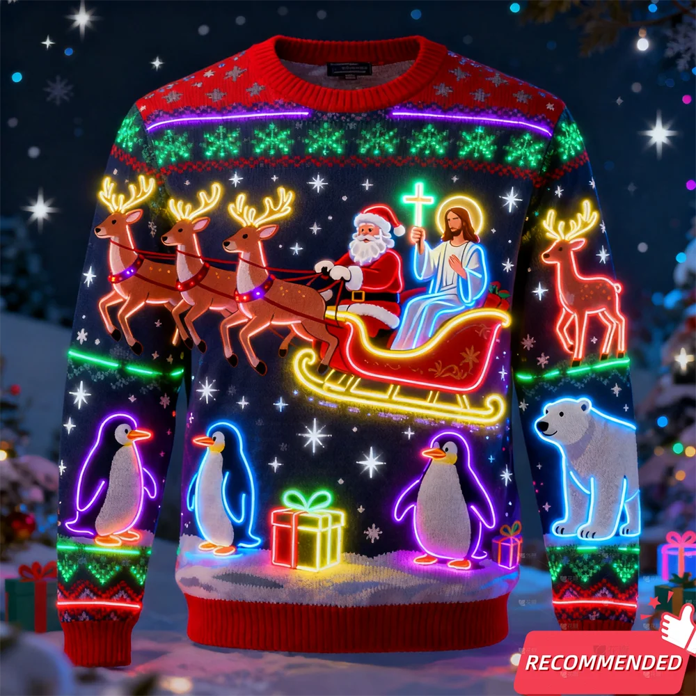 Fake Neon Light 3D Printed Ugly Xmas Sweater For Women Men Clothes Merry Christmas Snowman Funny Santa Jesus Pullovers Tracksuit