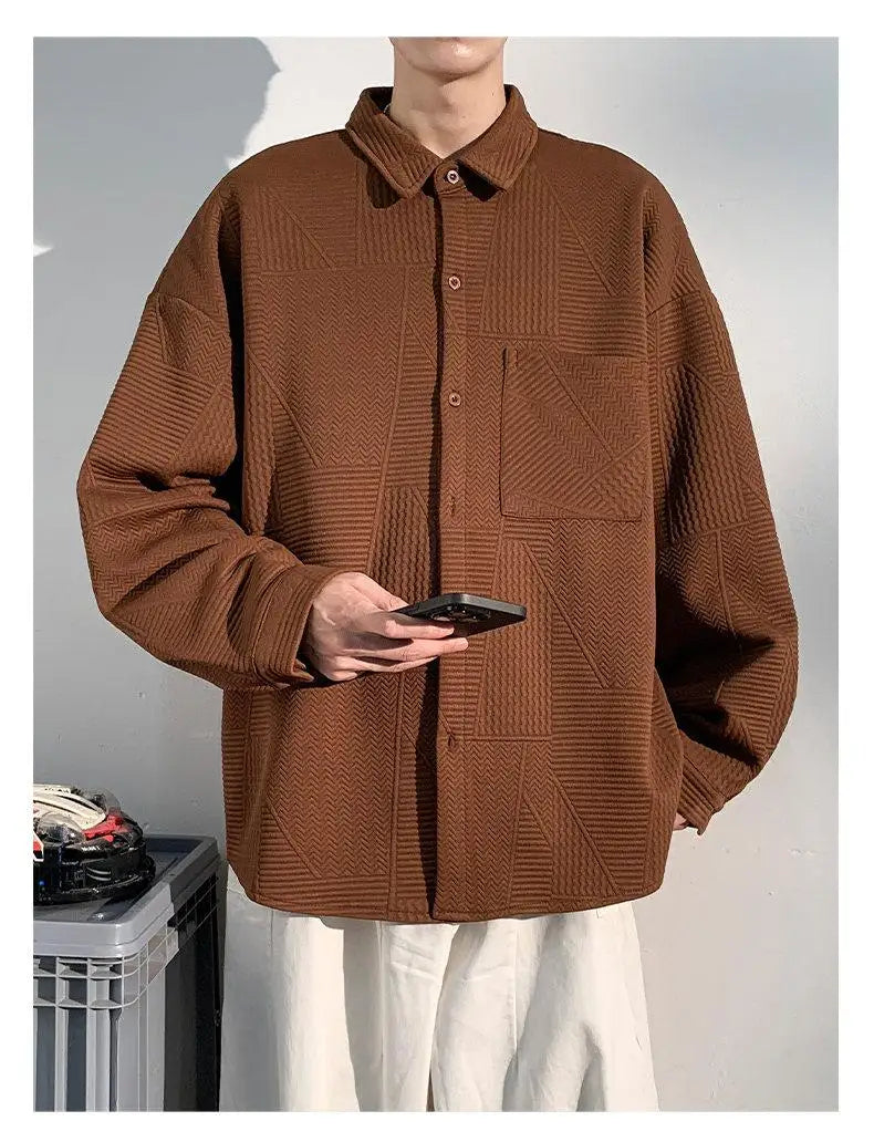 Men's plus Size Casual Long Sleeve Shirt Single Breasted Solid Color Loose Fit Button down Top Jacquard Fabric Fall Fashion M-XX