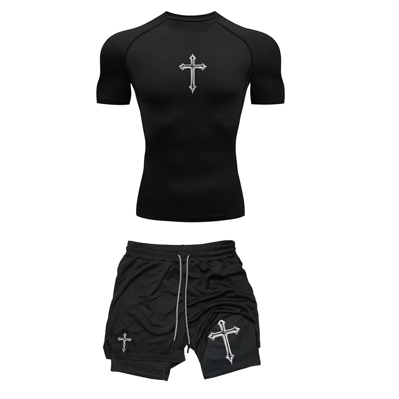 Men's Summer 2-Piece Jogging Set Compression Tight T-Shirt & Fitness Shorts Breathable Gym Workout Tracksuit ZY00190