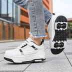 Kids Roller Skate Shoes 4 Wheels Hook Loop Strap Deformation Sneakers Breathable Outdoor Skating Shoes Boys Girls Size 29-40