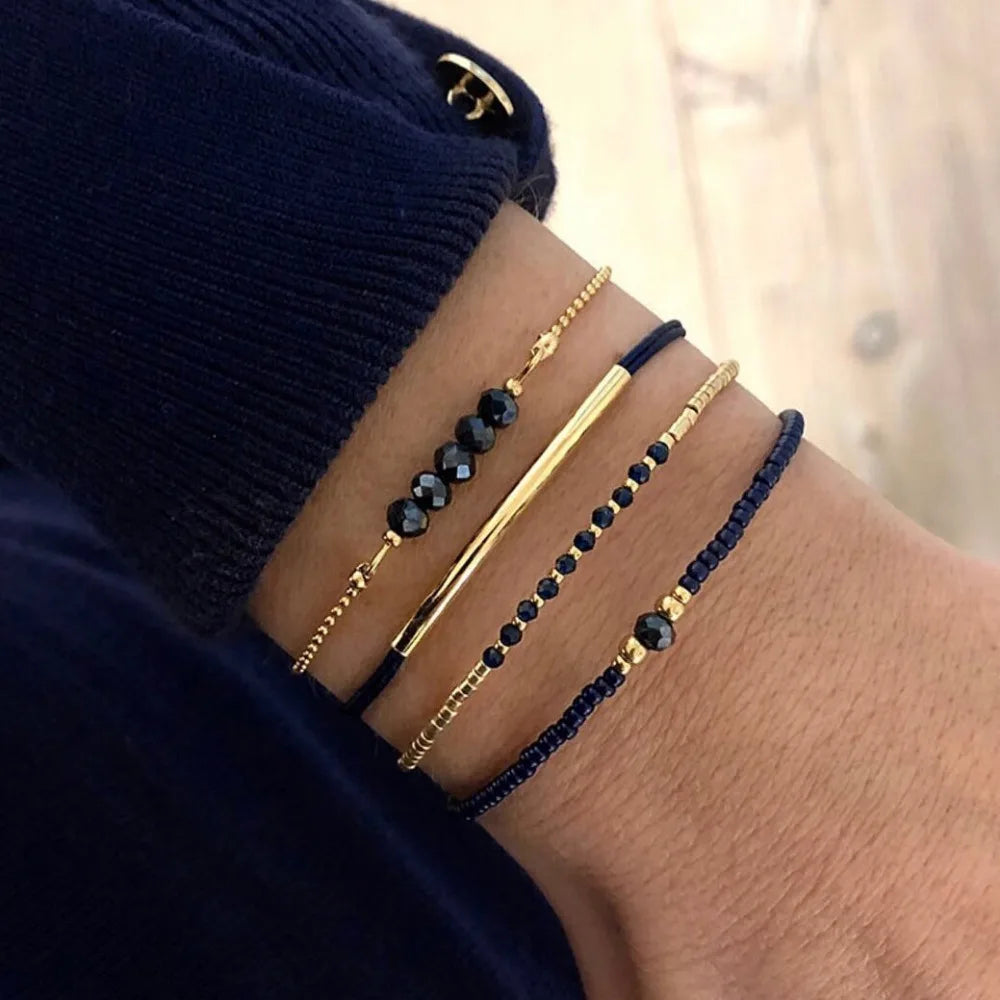 4PCS Fashion  Black Glass Stone Bracelet Set For Women Bohemian Multilayer Stacked Rice Beaded Link Chain Jewelry