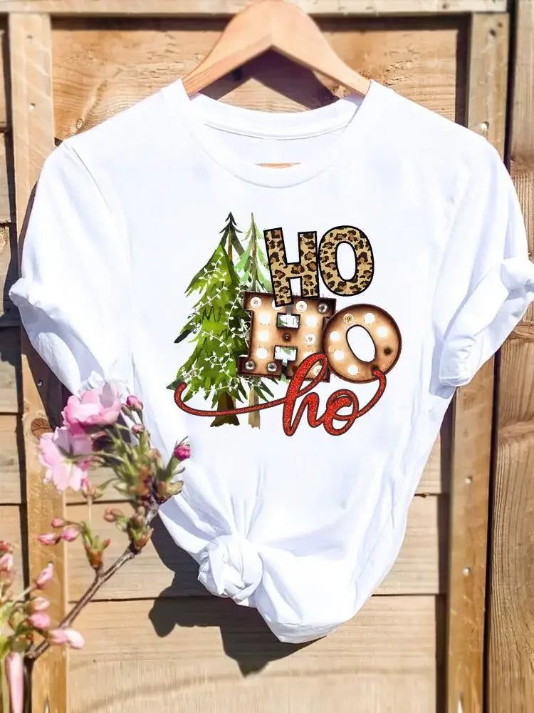 Merry Christmas New Year Holiday Graphic T Tee Fashion Cat Tree Lovely 90s Cute Harajuku Kawaii T-shirt Women's Y2K Clothing