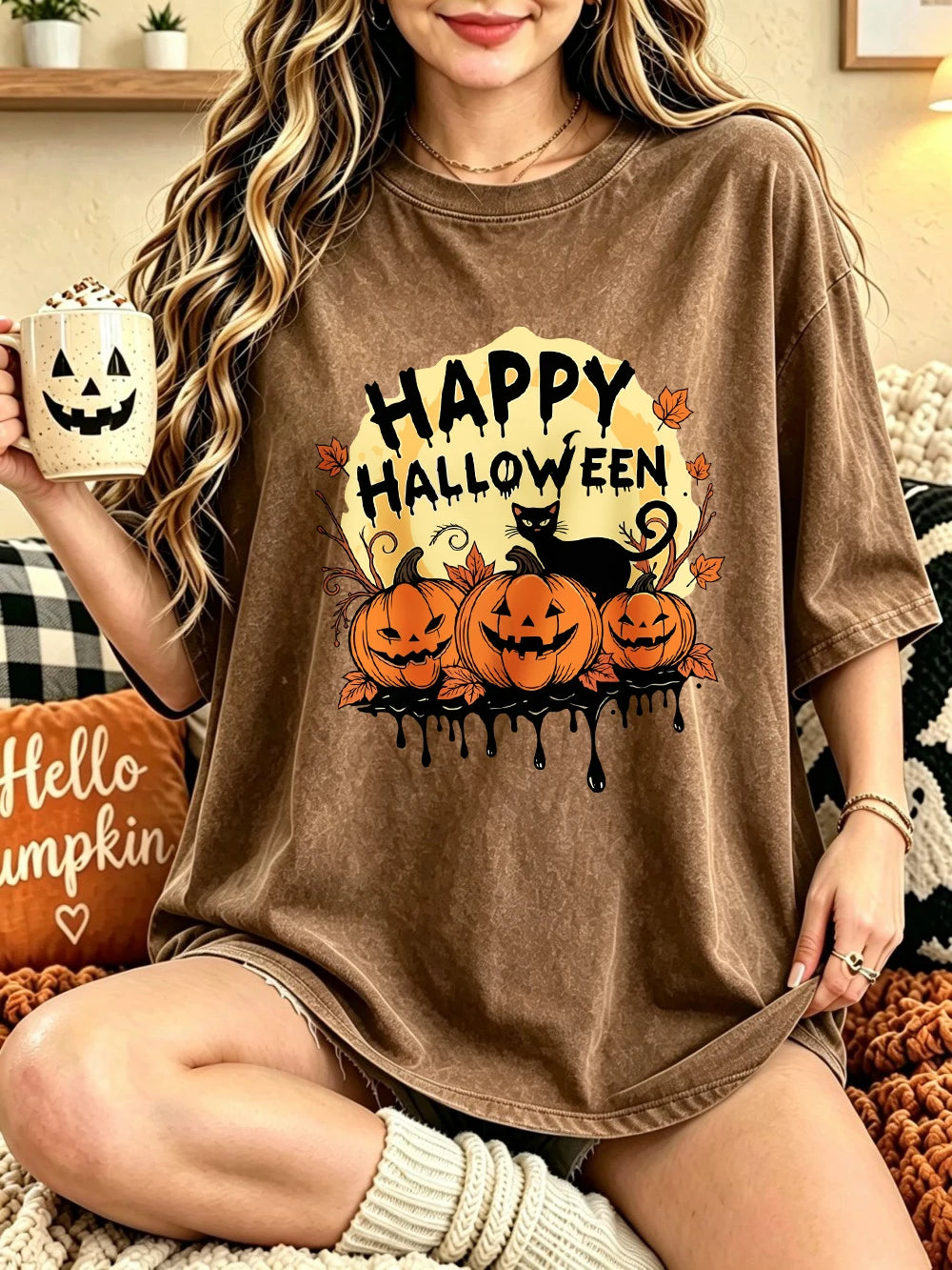 Happy Halloween Pumpkins Printed Washed T-Shirts Womens Cotton Short Sleeve Tops Casual O-Neck Oversized T Shirt Summer Clothes