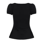 [RUOKE] Casual Y2K Contrast Color Top Women Spring Summer Square Neck Puff Sleeve Bow Slim A-line Babydoll Blouse Sweet Coquette