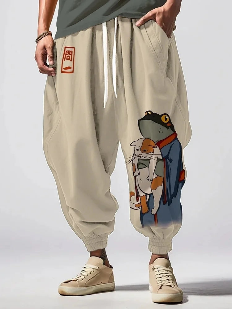 Men's Clothing Japanese Long Pants Vintage Frog In Kimono And Unhappy Cat Art Print Trousers Loose Drawstring Waist Sweatpants