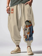 Men's Clothing Japanese Long Pants Vintage Frog In Kimono And Unhappy Cat Art Print Trousers Loose Drawstring Waist Sweatpants