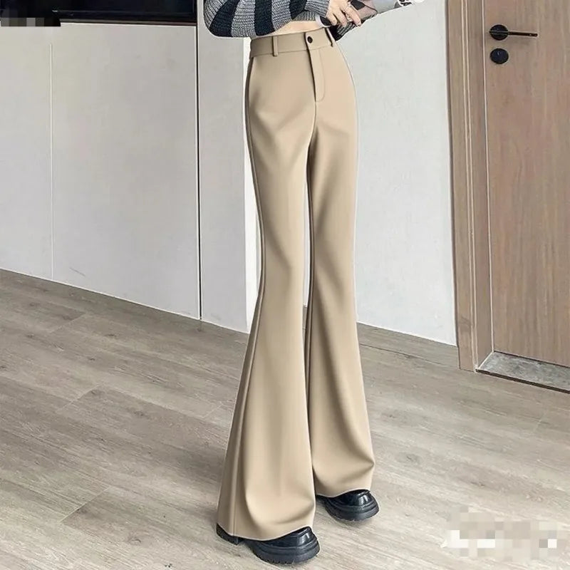 Women's High-Waisted Flared Pants Slim Fit Formal Trousers with Button Closure