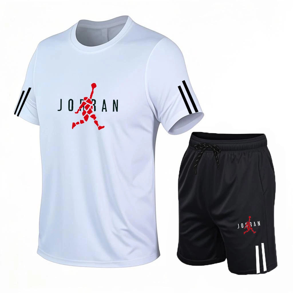 2026 men's casual sports two-piece set, fashionable printed short sleeved and shorts, running sports short sleeved set