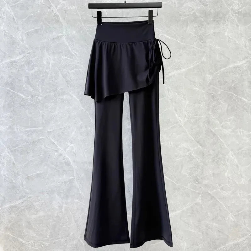 Women's Flare Pants with Skirt Overlay - High Waist Casual Bootcut Leggings