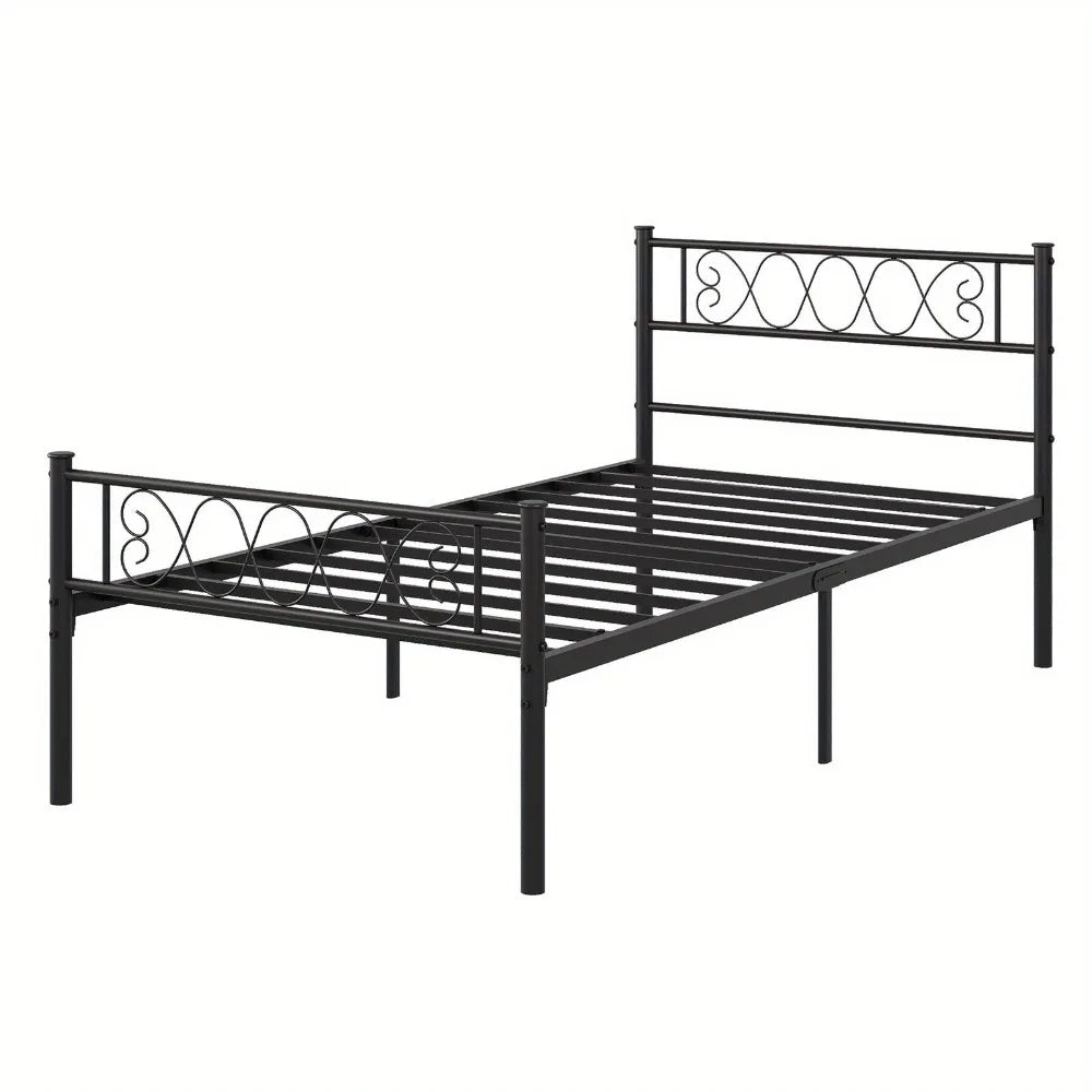 Twin-Sized Metal Bed Frame with a Headboard And Footboard Showcasing an Iron Heart Motif, Designed As a Platform Bed That Doesn